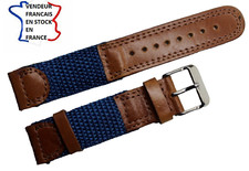Bracelet montre;18mm;BLEU;TISSU épaulé CUIR MARRON,SURPIQUE et doublé CUIR / 004