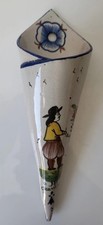 19eme Ancien vase bouquetière mural HB Quimper cornet soliflore Breton 18.5 cm