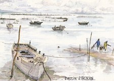 Carte postale postcard 10x15cm BASSIN D'ARCACHON dessin de LEPINE aquarelle 