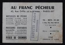 Carte de visite AU FRANC PECHEUR pêche moulinet poisson aquarium Paris rue Ofila