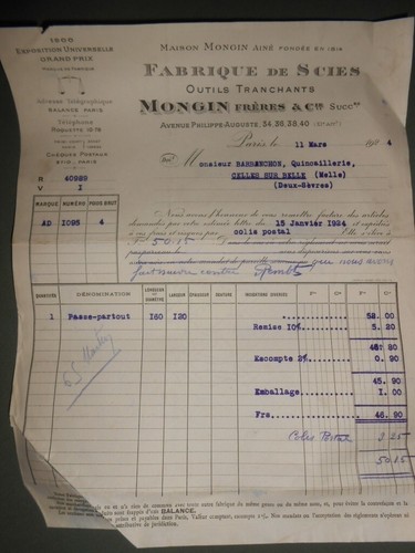 Facture ancienne mongin - facture,