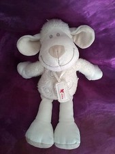 doudou peluche mouton blanc et beige collier ruban sac avion ronds 25 cm NICOTOY