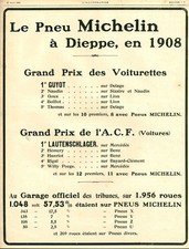 Publicité ancienne voiture le pneu Michelin à Dieppe 1908 issue de magazine