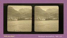 ANNECY 1865, LAC & MONTAGNES, HAUTE-SAVOIE, VUE STÉRÉO SUR VERRE 8,5 X 17 -J37