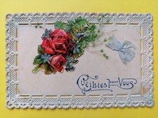 cpa FANTAISIE Dentelle CHROMO Bouquet Fleurs Ruban de Soie CUEILLIES pour VOUS
