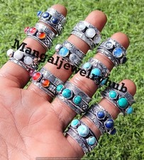 Lot de bagues toupie en gros plaqué argent sterling 925 pierre de lune et pie...