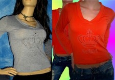 Sexy Miss Femme Chemise Manches Longues Couronne Strass Multicolore Top S/M 34/