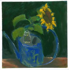 tournesol en fleur dans arrosoir , tableau original 30 x 30 peinture huile