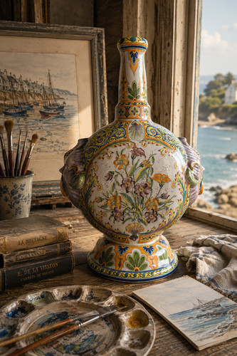 Grand vase gourde - plate, à