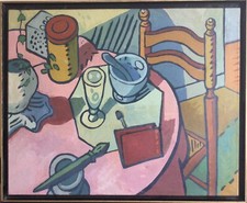 Aymery ROLLAND 1959.La table et le pinceau,1991.Huile/toile.SBD.81 x100.Cadre