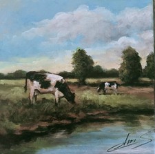 TABLEAU PEINTURE TOILE campagne ferme prairie vache DECO ART  SIGNÉ CHRISK