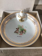Ancienne assiette à bouillie, décor Les Chiots Chien Bouchon Canard Doré Vintage