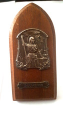 Ancien objet religieux icone Jeanne d'Arc plaque métal argente sur bois