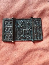 ANCIENNE ICÔNE DE VOYAGE TRIPTYQUE RUSSE BRONZE CHRIST BÉNISSANT Vierge
