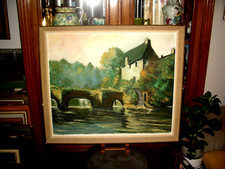 SUPERBE TABLEAU ANCIEN  IMPRESSIONNISTE  -" LE MOULIN PRES DU PONT "-  PH  AUNAY
