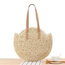 Sac de Plage Rond Paille Tressé Femme Voyage été Tendance Beige 40 x41 cm