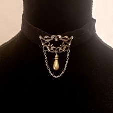 Ancien Collier Tour de cou Pendentif velurs strass, 1900 France