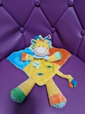 Doudou plat girafe NICOTOY jaune orange bleu vert rond envers tissu SIMBA