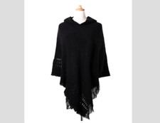 Poncho Bohême À Capuche Noir en laine