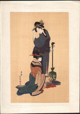 1920 Estampe japonaise Hokusai Musicienne Beauté et Shamisen Gravure sur bois