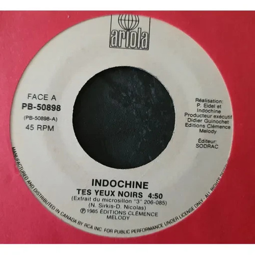 Indochine 45t tes yeux - yeux, noirs