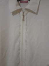 CARDIGAN GILET COL COTON STRASS BLANC MANCHE LONGUE FERMETURE ZIP XXL 42 44 46