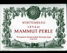 ETIQUETTE ANCIENNE de VIN "MAMMUT-PERLE" WURTTEMBERG en 1954