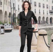 Costume Ensemble Femme Bureau Veste Pantalon Manches Slim Fit Noir T123
