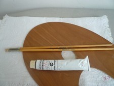 LOT PALETTE EN BOIS 2 PINCEAUX ET GRAND TUBE PEINTURE BLANCHE LEFRANC BOURGEOIS
