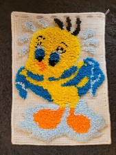 TAPIS CANEVAS TRICOT LAINE VINTAGE TITI POUSSIN DESSIN ANIMÉ CHAMBRE ENFANT 