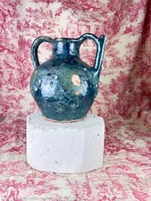 Ancien Pichet cruche Orjol terre cuite émaillé bleu vert faïence Sud Ouest 19e