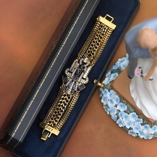 Bracelet Doré Art Deco Strass Floral Bleu Mariage Vintage 1920s Style QD26