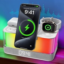 Lampe de Chevet avec Enceinte Bluetooth et Chargeur Induction, 3 en 1 Station