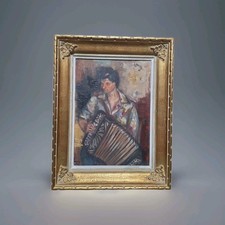 Peinture Ancienne Huile Sur Toile Portrait Musicien Tableau  Encadré Signé