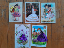 Lot 5 cartes postales en tissu andalouse flamenco Espagne Fleur