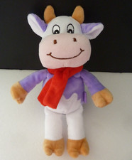 k8*. DOUDOU PELUCHE VACHE MILKA mauve blanc écharpe rouge 24cm ETAT NEUF*