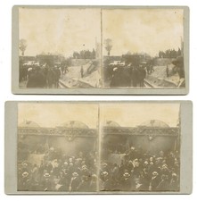 2 PHOTOS STEREOSCOPIQUES Lancement Bateau rouleur Ernest Bazin Seine, vers 1896