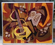 Ancien Grand Tableau Tapisserie Laine Tissée Broderie Canevas Années 1970 