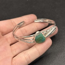 Ancien Bracelet Gourmette En Argent Massif 925 Silver Maille Jonc Pierre Verte