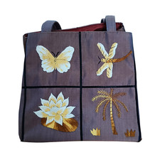 Sac a main carre multicolore. Papillon. Libellule. Palmier. Nenuphar. Porte bras