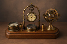 Porte-stylo nautique ancien en laiton boussole design armillaire table bureau...