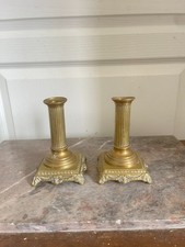 Ancien Paire Bougeoir Colonne Empire Flambeau Cannelé Laiton Doré 14 cm