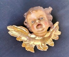 Ancienne Décoration Noël. Tête Ange Ailé.Sculpté Bois Dorure. Putti. Magnifique 