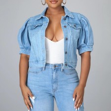 Femme Court Manches Ballons Jeans Manteau Bouton Décontracté Veste Rétro Été Fit