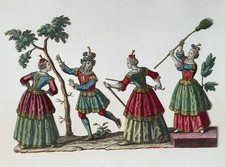 GRAVURE FINEMENT DÉCOUPÉE et coloriée à la main  personnages déb.18e arte povera