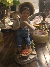 Homco Figurine Boy With Chicken And Basket Of Apples 8 1/4 Tall