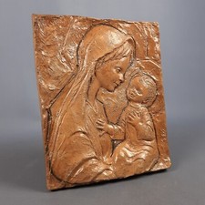 Haut-Relief Terre Cuite Icône Saint Madonna Avec Enfant Signature Tenant Ans 60
