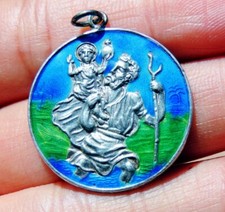ancienne médaile pendentif SAINT CHRISTOPHE en emaux sur argent SILVER sterling