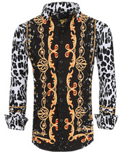 Hommes Premiere Boutonnière Manches Longues Robe Chemise Soyeux Noir Or Léopard