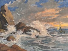 Ancien dessin marine Morbihan Bretagne bateau longeant la cote signé Landelle